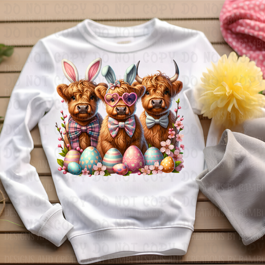 Trio of Easter Highland Cows Floral Faux Yarn