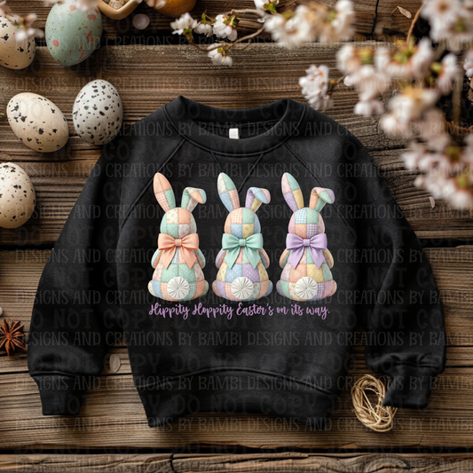 Trio of Patchwork Bunnies with Purple Font