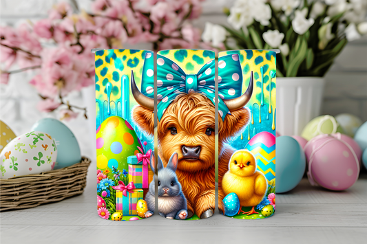 Teal and Yellow Easter Highland Cow 20oz Sublimation Tumbler