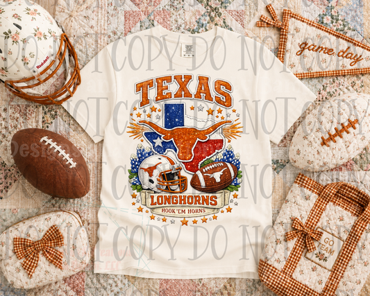 Texas Longhorns and Blue Bonnets Faux Embroidery