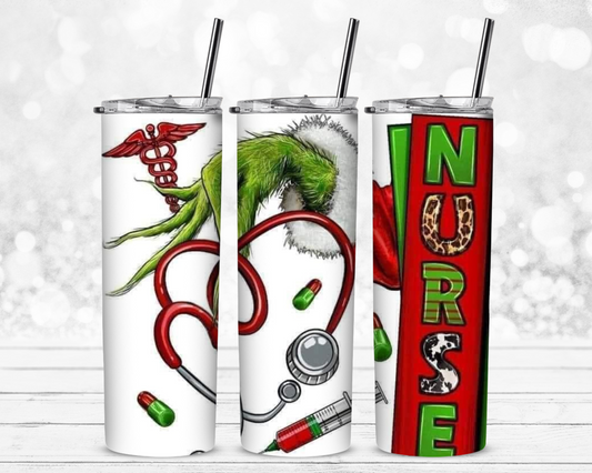 The Green Guy Christmas Nurse 20 oz Skinny Sublimation Tumbler