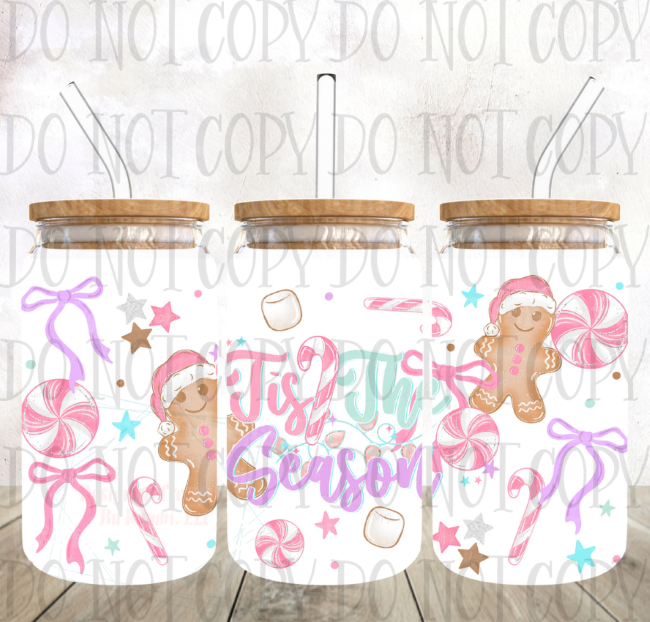 Tis the Season with Gingerbread 16oz UV DTF Libbey Glass Tumbler