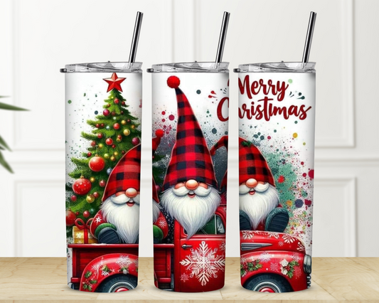 Trio of Gnomes in Red Truck Merry Christmas 20 oz Skinny Sublimation Tumbler