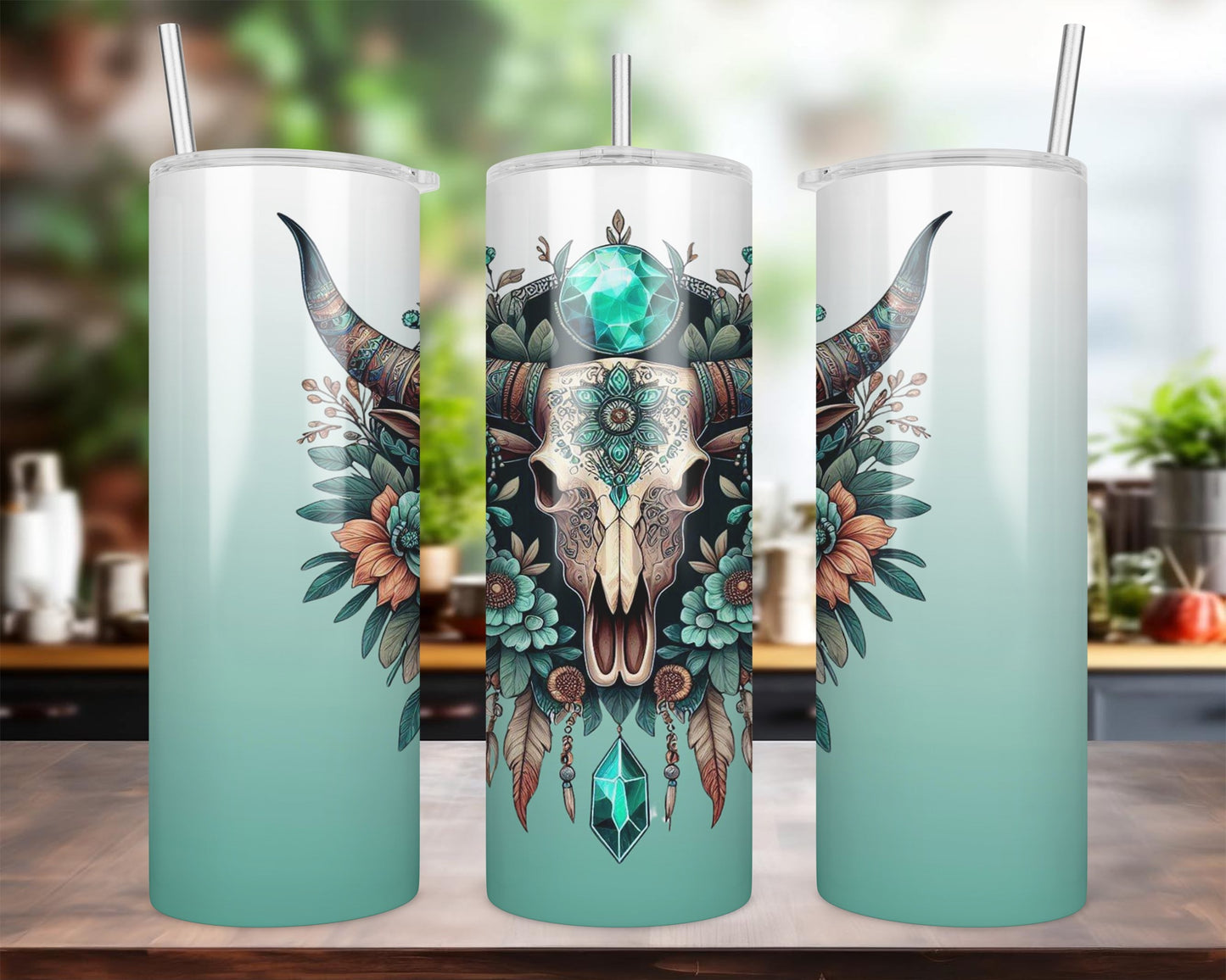 Turquoise And Coral Cow Skull 20 oz Skinny Sublimation Tumbler