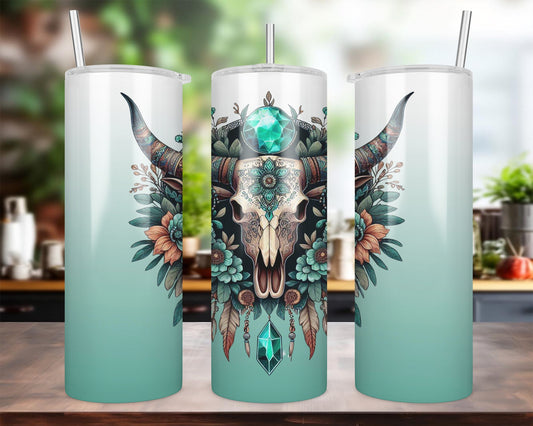 Turquoise And Coral Cow Skull 20 oz Skinny Sublimation Tumbler