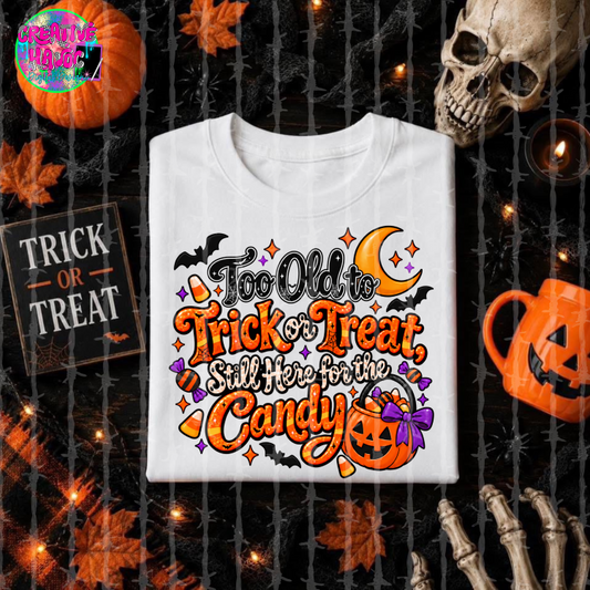 Faux Embroidered/Sequin Too Old To Trick or Treat