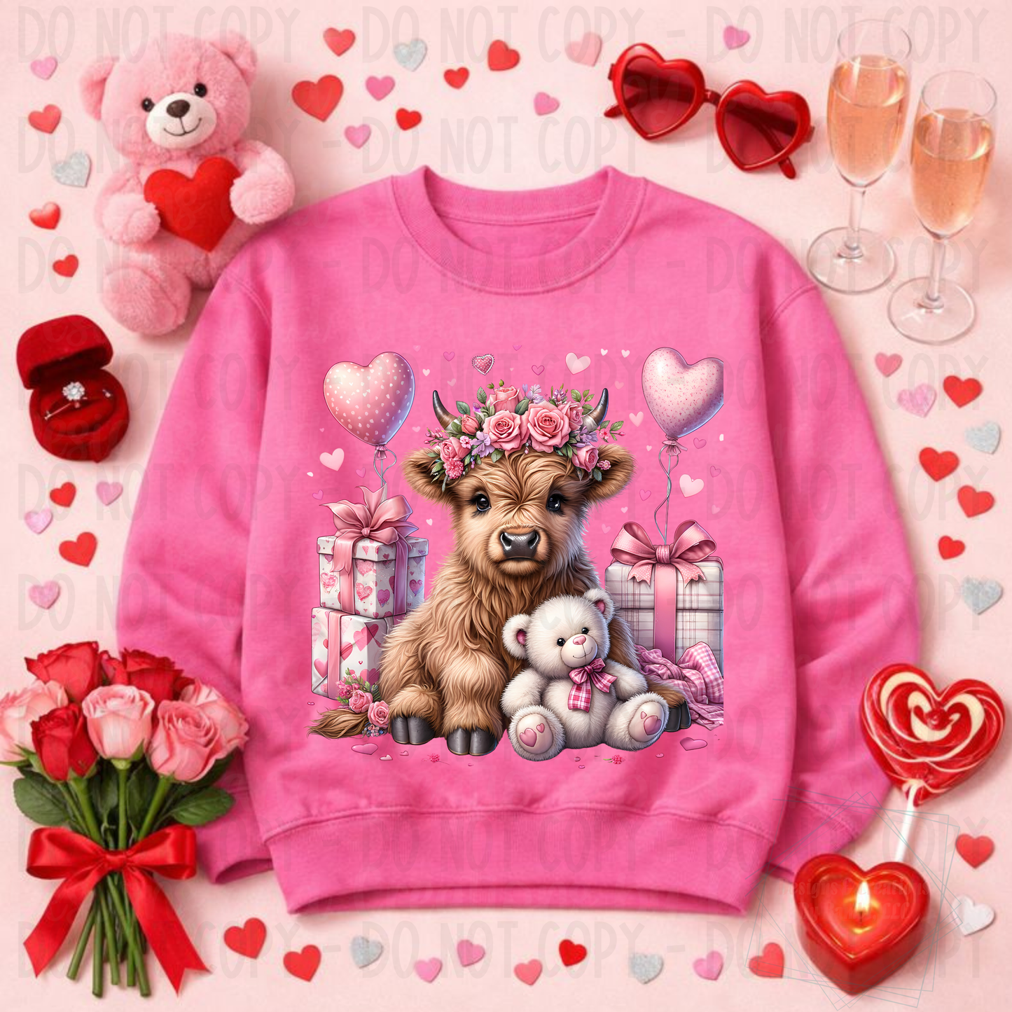 Valentine Highland Cow Pink with Presents