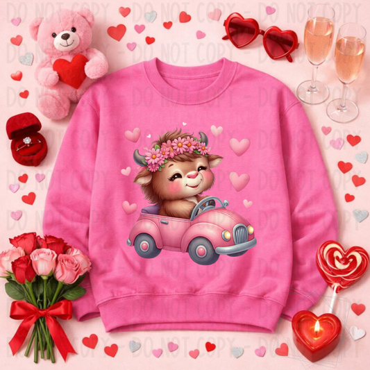 Valentine Highland Cow with Car