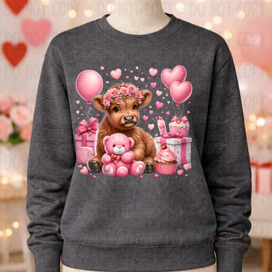 Valentine Highland Cow with Pink Bear