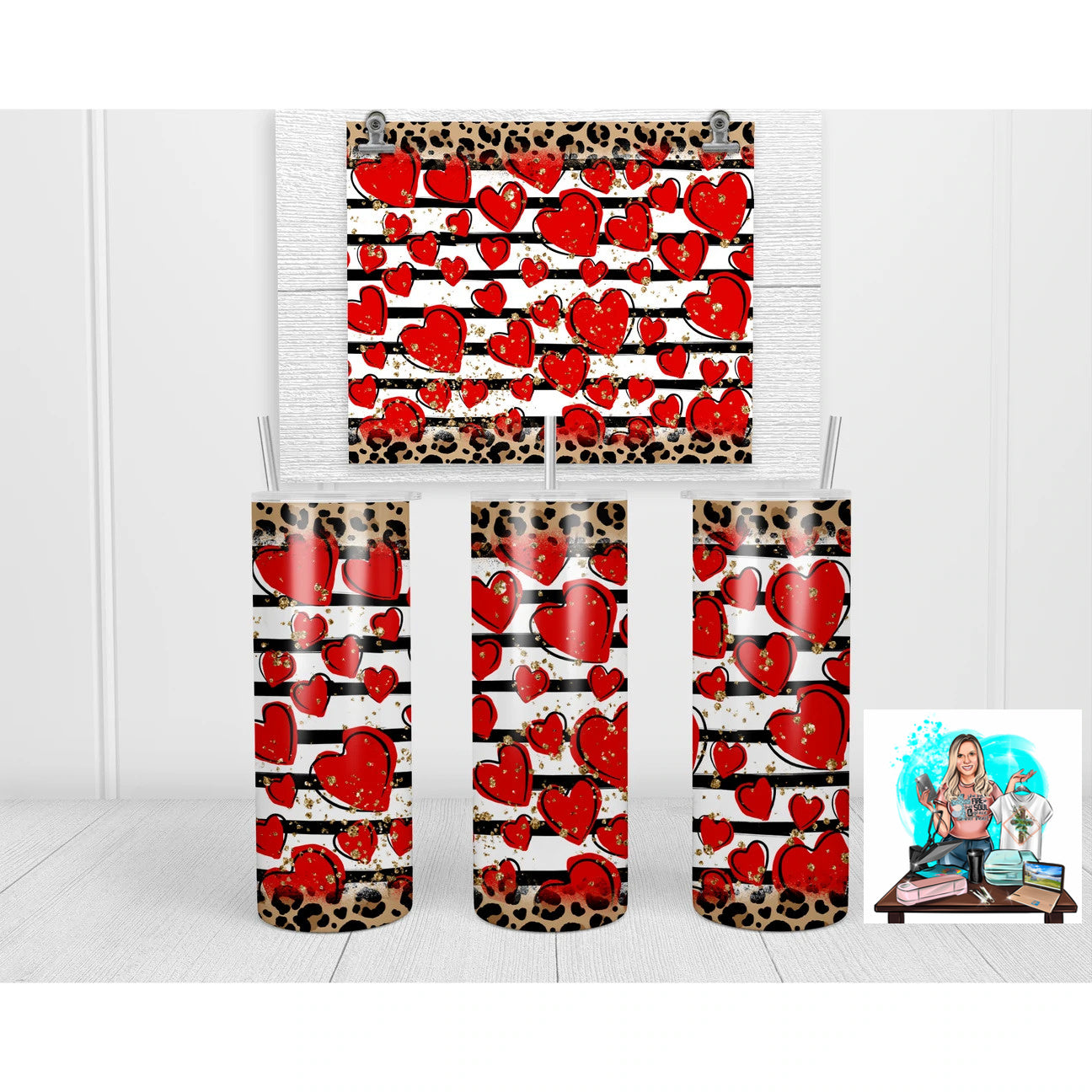 Red Hearts with Leopard 20 oz Skinny Sublimation Tumbler