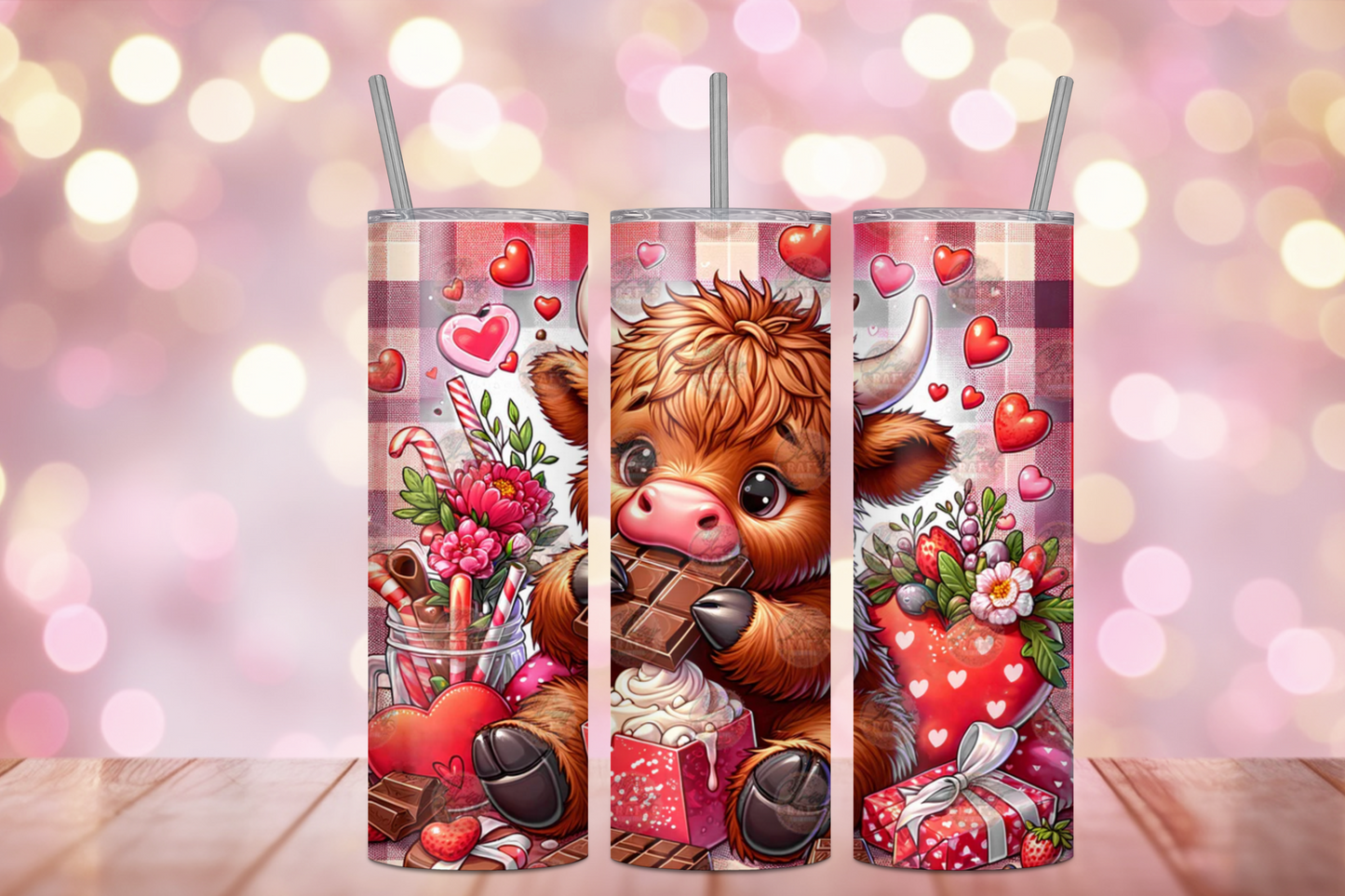 Valentine Highland Cow and Chocolate 20 oz Skinny Sublimation Tumbler