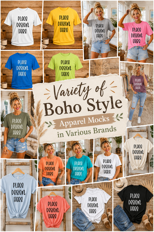 Variety of Boho Style Apparel Mock Ups (Bella Canvas and Gildan Brands)