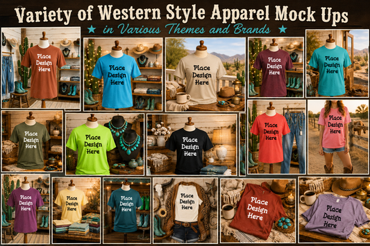 Variety of Western Style Themes and Scene Apparel Mock Ups (Various Brands)