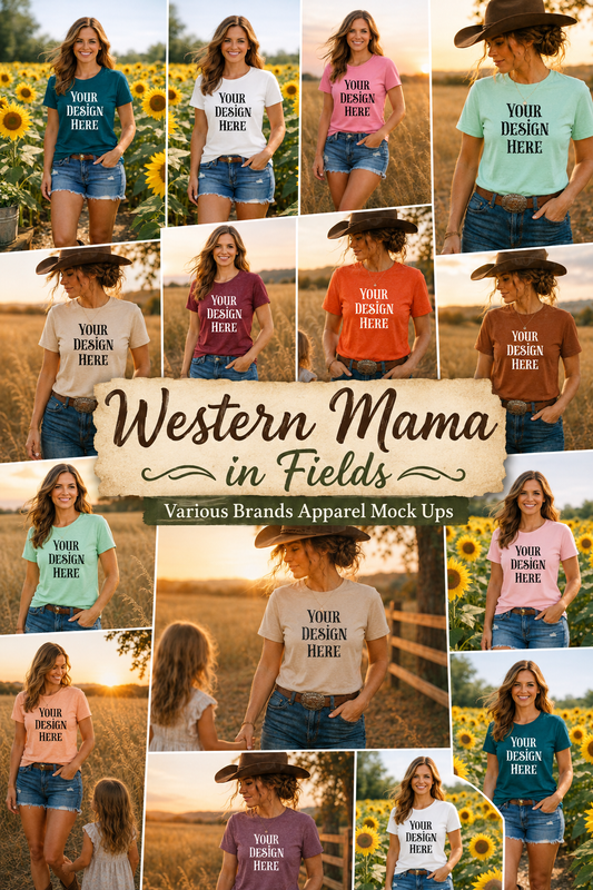 Western Mama in Fields Apparel Mock Ups (Bella Canvas, Comfort Colors, and Gildan Brands)