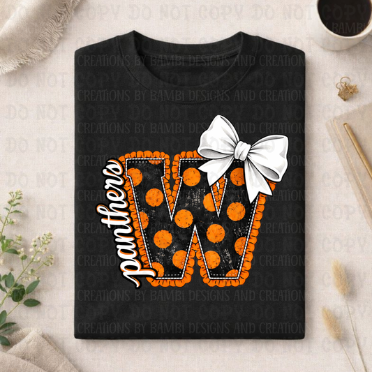 Large Black with Orange Polka Dots W with Panthers in White/Black Outline
