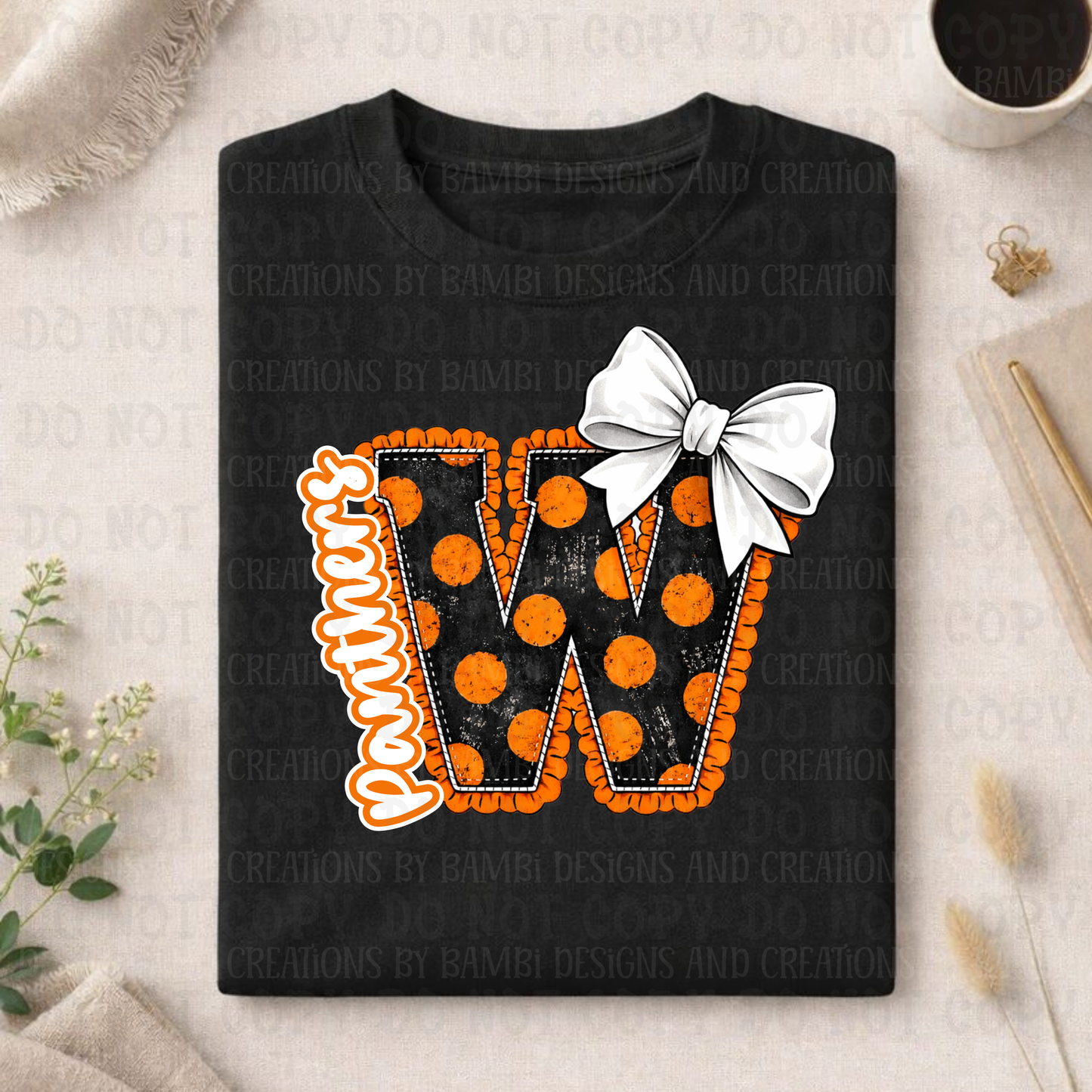 Large Black with Orange Polka Dots W with Panthers in White Font/Orange Outline
