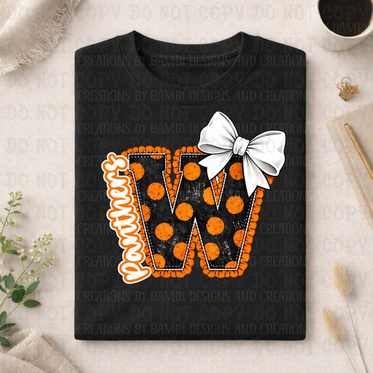 Large Black with Orange Polka Dots W with Panthers in White Font/Orange Outline