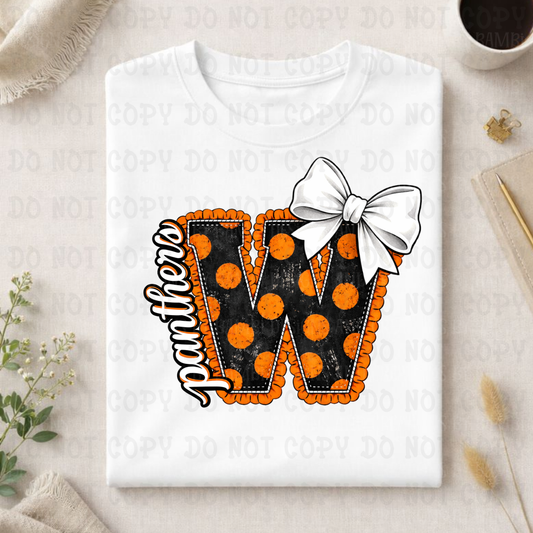 Large Black with Orange Polka Dots W with Panthers in White/Black Outline
