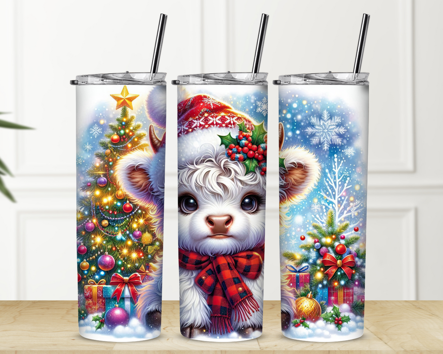White Baby Highland Christmas 20 oz Skinny Sublimation Tumbler