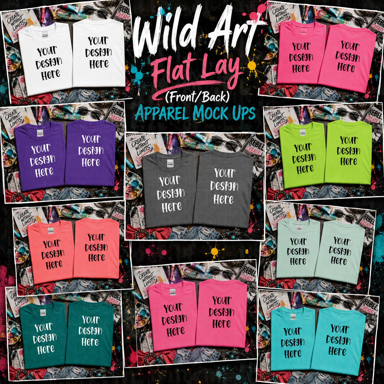 Wild Art Flat Lay Front and Back Apparel Mock Ups (Comfort Color and Gildan Brand)