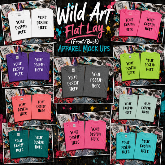 Wild Art Flat Lay Front and Back Apparel Mock Ups (Comfort Color and Gildan Brand)