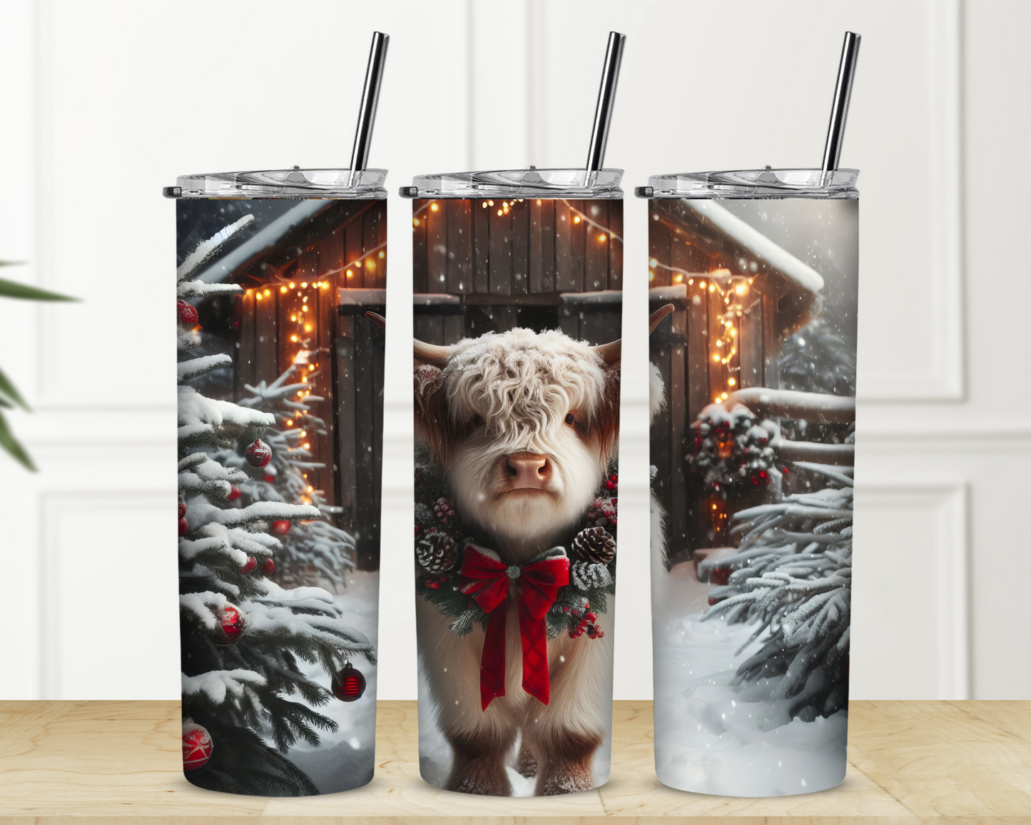 Winter Highland Cow and Barn 20 oz Skinny Sublimation Tumbler