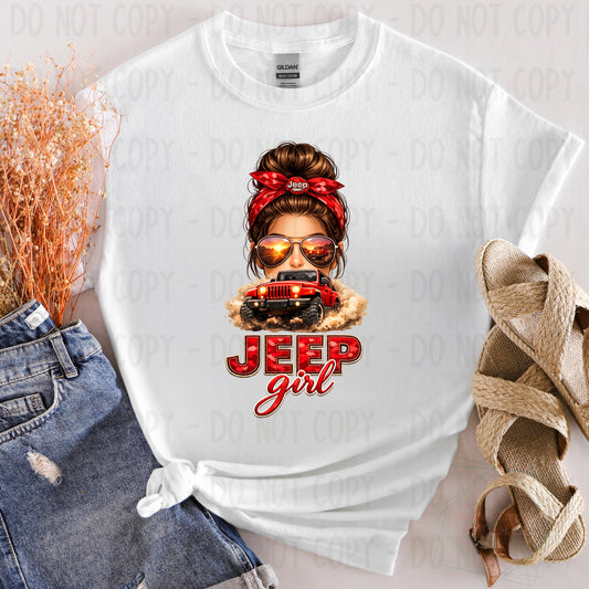 Jeep Girl in Red with Brown Hair