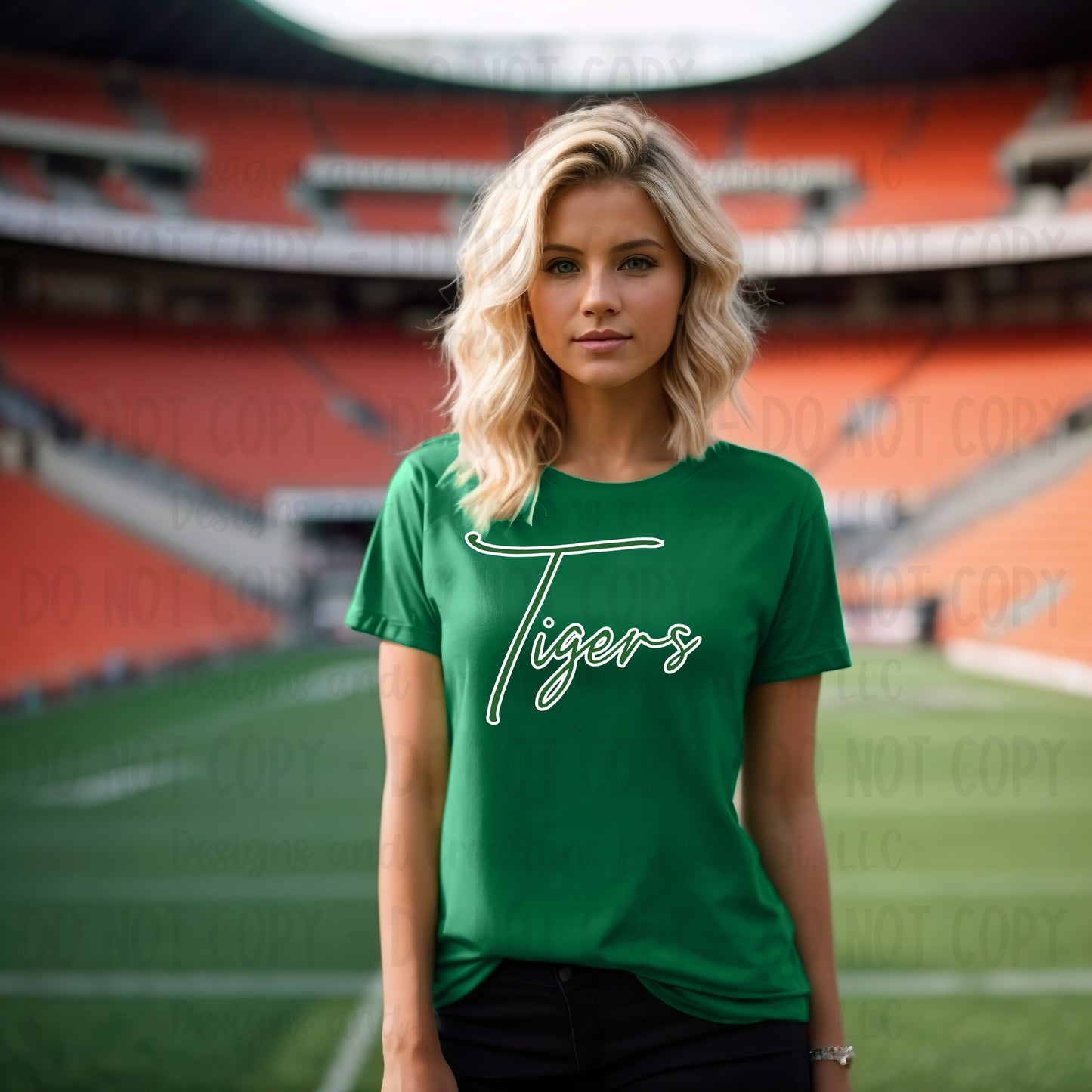 Neches Tigers Script Green with White Outline