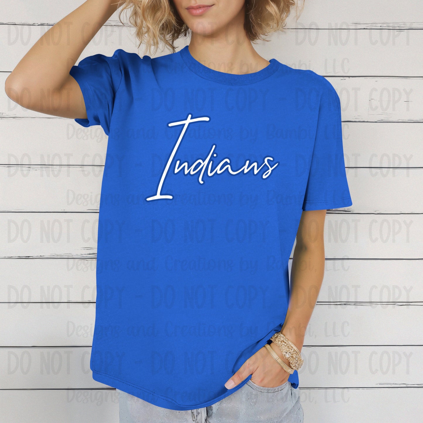 Frankston Indians Script White with Blue Outline