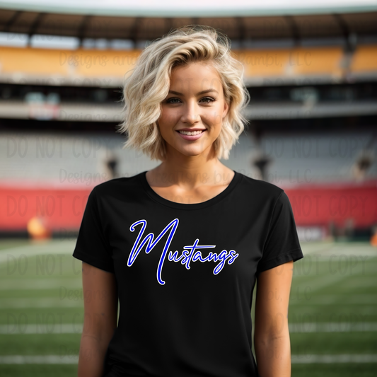 Slocum Mustangs Script Blue with White Outline