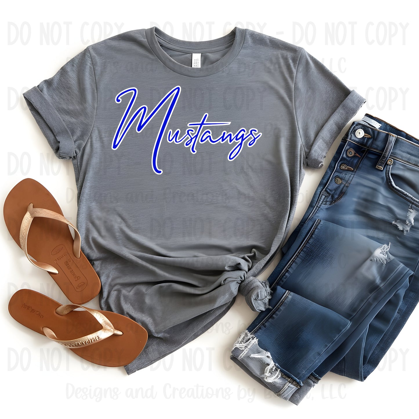 Slocum Mustangs Script Blue with White Outline