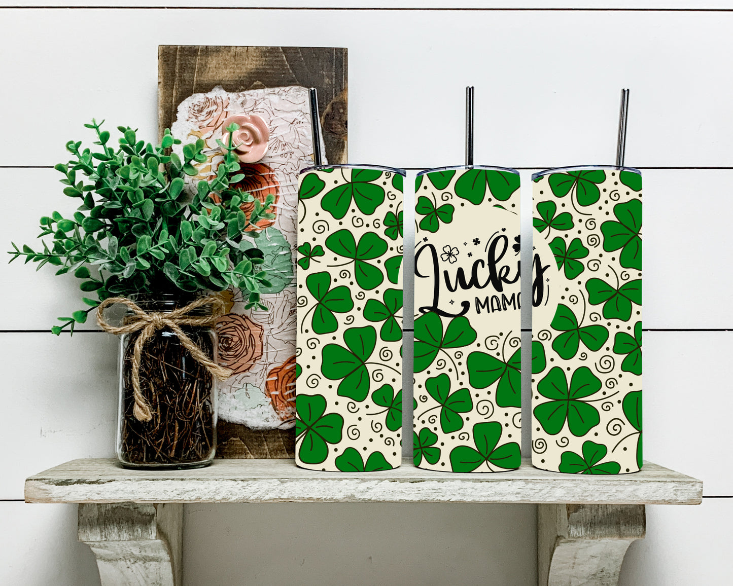 Lucky Mama with Scattered Clovers 20 oz Sublimation Tumbler