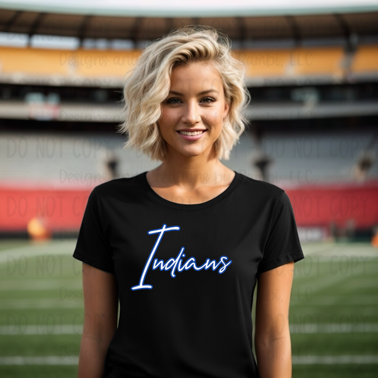 Frankston Indians Script White with Blue Outline