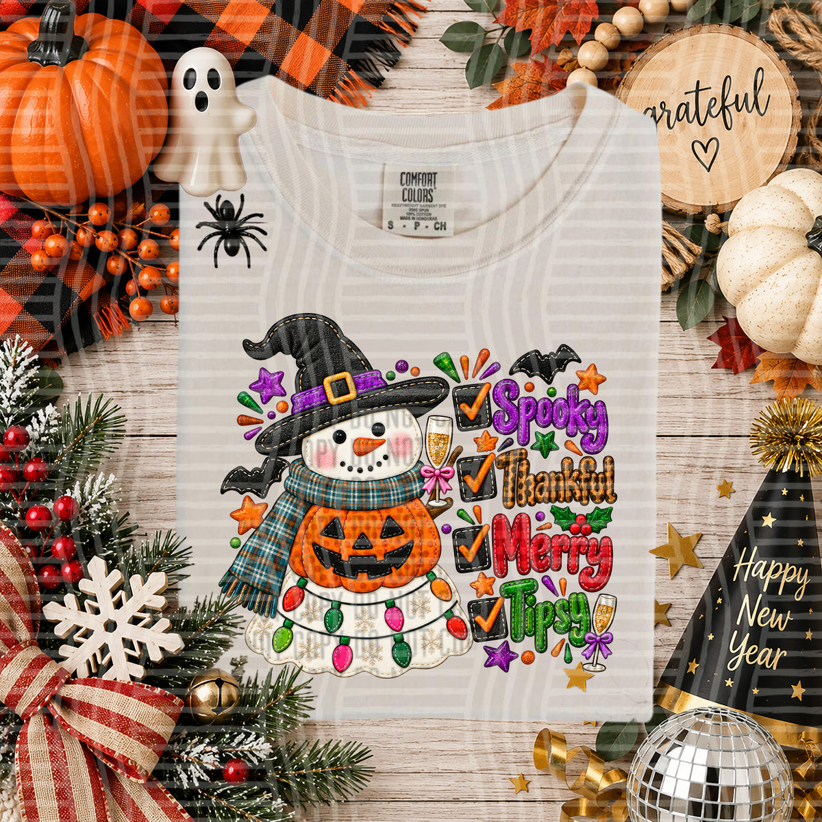 Faux Embroidered/Glitter/Sequin Spooky-Thankful-Merry-Tipsy